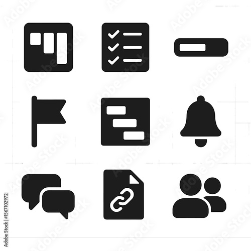 Project Management Icons. Solid, filled icons set of project management software: kanban board, task checklist