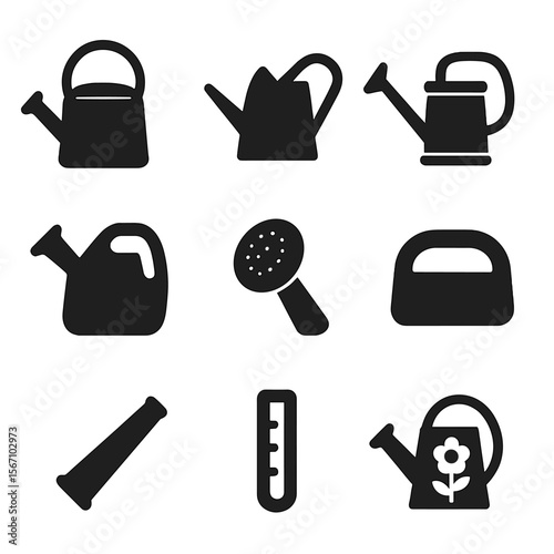 Watering Can Icons. Solid, filled icon set of watering can designs and accessories: classic watering can, modern watering can,