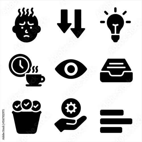 Project Management Icons. Solid, filled icons set of overcoming project overwhelm: stress relief icon,