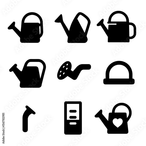 Watering Can Icons. Solid, filled icon set of watering can designs and accessories: classic watering can, modern watering can,