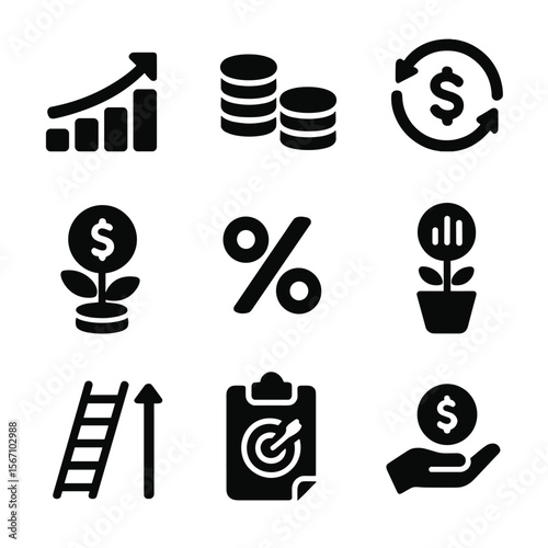 Wealth Strategy Icons. Solid, filled icon set of wealth building strategies: growing chart, coin stack, reinvestment arrows,