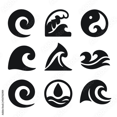 Wave Icon Set. Solid, filled icon set of ocean wave symbolism and art: wave spiral, Japanese wave style, yin-yang wave, stylized