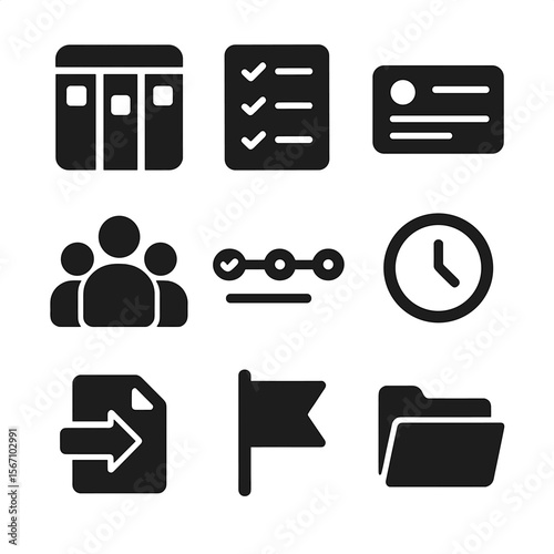 Project Management Icons. Solid, filled icons set of project management across teams: kanban board, checklist,