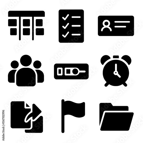 Project Management Icons. Solid, filled icons set of project management across teams: kanban board, checklist,