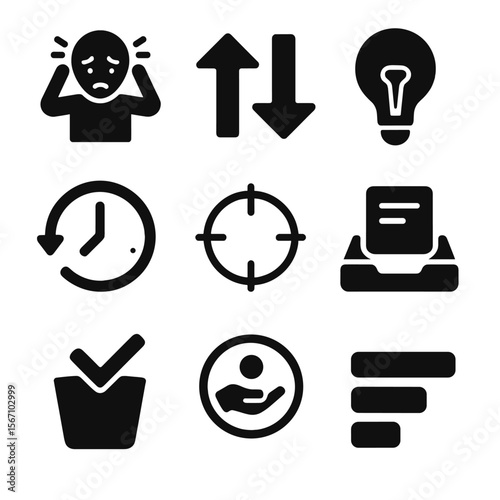 Project Management Icons. Solid, filled icons set of overcoming project overwhelm: stress relief icon,