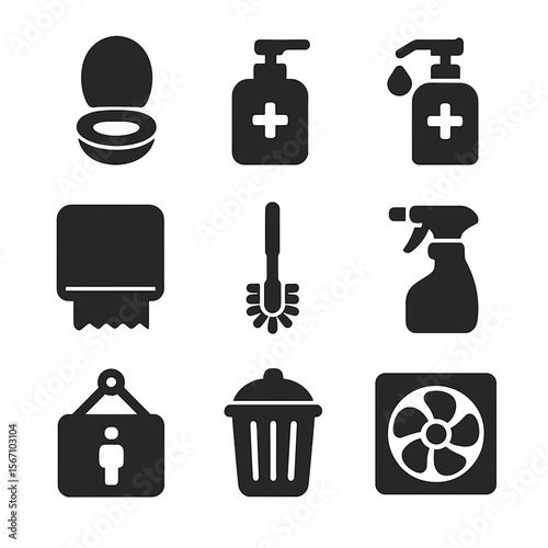 Public Restroom Essentials. Solid, filled icons set of public restroom hygiene: toilet seat, soap dispenser,