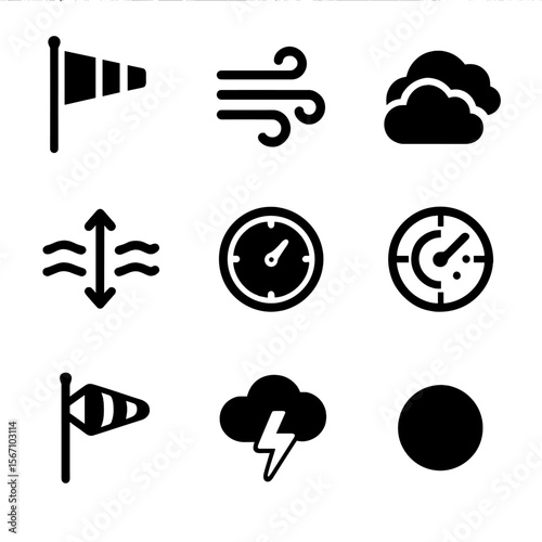 Weather Icon Grid. Solid, filled icon set of wind and air conditions: wind flag, gust lines, cloud layer, turbulence symbol,