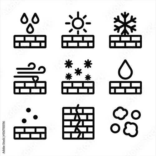 Weather Icons on Brick. Solid, filled icon set of weather effects on brick walls: rain drops, sun rays, frost, wind gusts, snow,