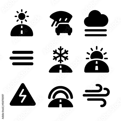 Weather Road Icons. Solid, filled icon set of weather on the road: clear sky icon, rain on windshield, cloud cover, foggy icon,