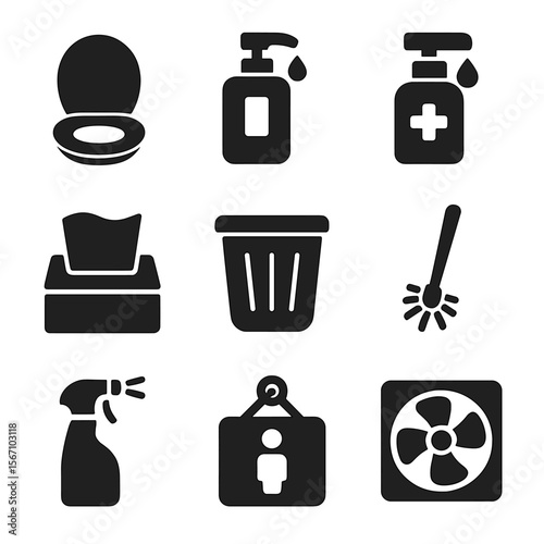 Public Restroom Essentials. Solid, filled icons set of public restroom hygiene: toilet seat, soap dispenser,
