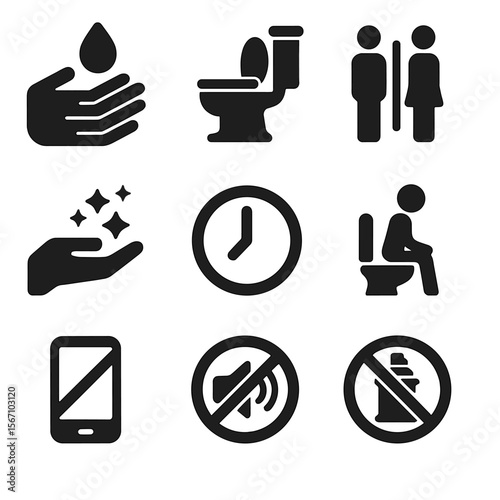 Public Restroom Etiquette Icons. Solid, filled icons set of public restroom etiquette: wash hands sign, flush