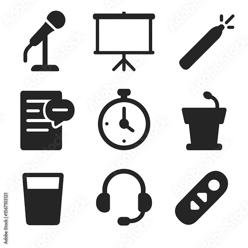 Public Speaking Icons. Solid, filled icons set of public speaking tools: microphone stand, projector screen,