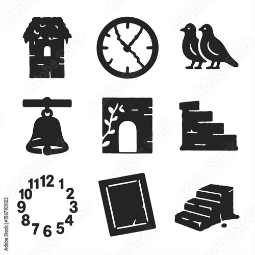 Weathered Tower Icons. Solid, filled icon set of weathered tower features: moss-covered roof, cracked clock face, pigeons, rusted