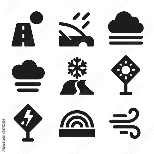 Weather Road Icons. Solid, filled icon set of weather on the road: clear sky icon, rain on windshield, cloud cover, foggy icon,