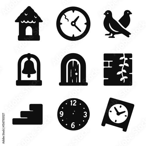 Weathered Tower Icons. Solid, filled icon set of weathered tower features: moss-covered roof, cracked clock face, pigeons, rusted