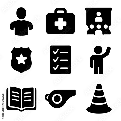 Public Safety Icons. Solid, filled icons set of public safety education and training: training dummy, first