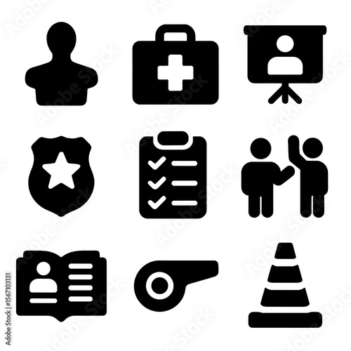 Public Safety Icons. Solid, filled icons set of public safety education and training: training dummy, first