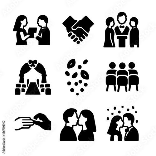 Wedding Icon Set. Solid, filled icon set of wedding ceremony moments: exchanging vows, holding hands, wedding officiant, wedding