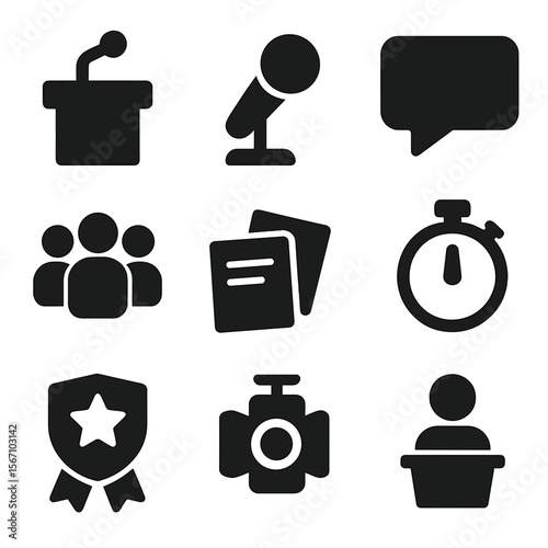 Public Speaking Icons. Solid, filled icons set of public speaking classes and debate competitions: podium,