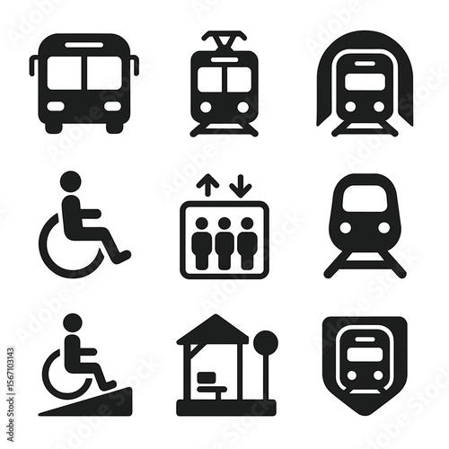 Public Transport Icons. Solid, filled icons set of public transport and accessibility: bus icon, tram icon,