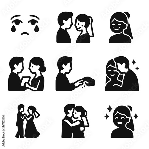 Wedding Emotion Icons. Solid, filled icon set of emotional wedding moments: teary eyes, first look, smile blush, vow exchange,
