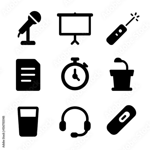 Public Speaking Icons. Solid, filled icons set of public speaking tools: microphone stand, projector screen,