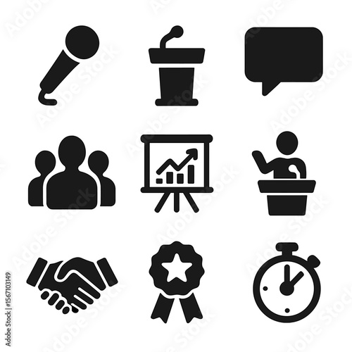 Public Speaking Icons. Solid, filled icons set of public speaking and leadership: microphone, podium, speech