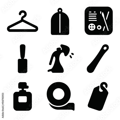 Wedding Fashion Icons. Solid, filled icon set of wedding fashion essentials: hanger, dress bag, sewing kit, lint roller, steamer,