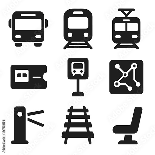 Public Transportation Icons. Solid, filled icons set of public transportation options: city bus, metro train,