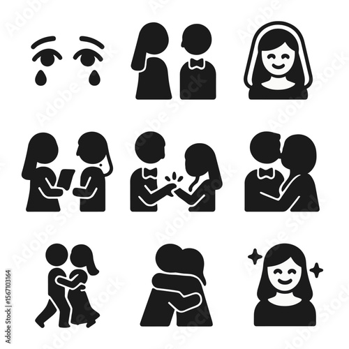 Wedding Emotion Icons. Solid, filled icon set of emotional wedding moments: teary eyes, first look, smile blush, vow exchange,