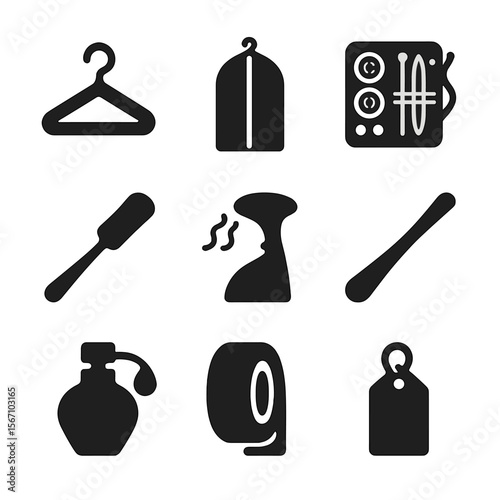 Wedding Fashion Icons. Solid, filled icon set of wedding fashion essentials: hanger, dress bag, sewing kit, lint roller, steamer,