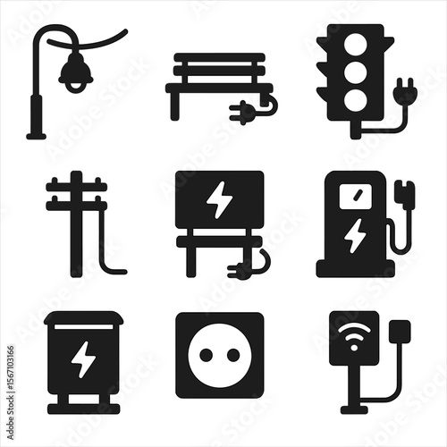 Public Utility Icons. Solid, filled icons set of road-powered public utilities: streetlamp with wire, charging
