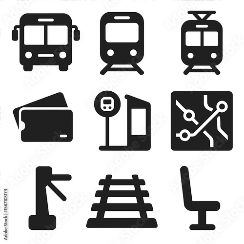 Public Transportation Icons. Solid, filled icons set of public transportation options: city bus, metro train,