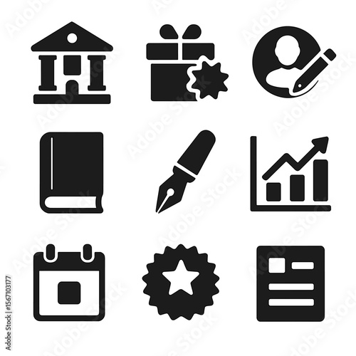 Publishing Icons Grid. Solid, filled icons set of publishing industry hits: publishing house, new release icon