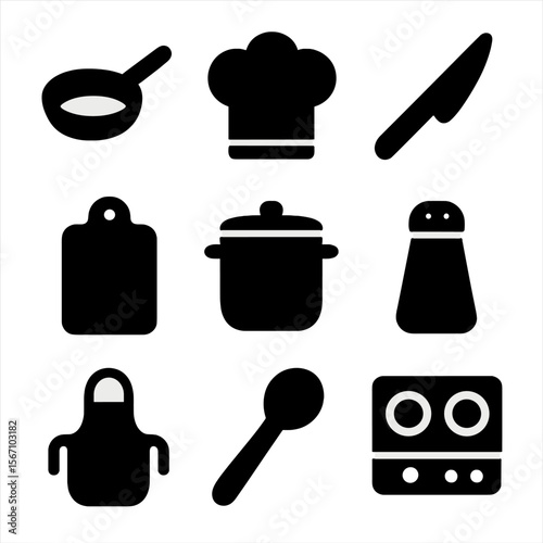 Weekend Cooking Icons. Solid, filled icon set of weekend cooking: frying pan, chef hat, knife, cutting board, soup pot, salt