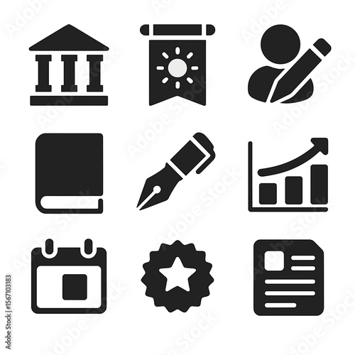 Publishing Icons Grid. Solid, filled icons set of publishing industry hits: publishing house, new release icon