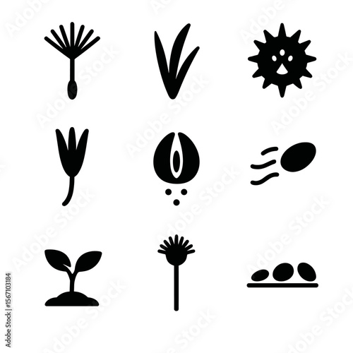 Weed Seed Icon Set. Solid, filled icon set of weed seed types: dandelion seed, grass seed, burr seed, fluffy seed, pod burst, wind