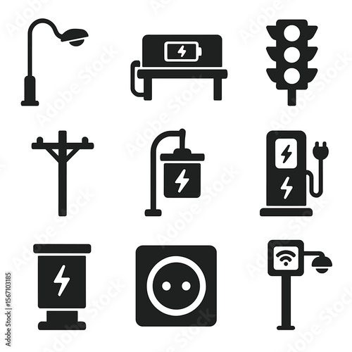 Public Utility Icons. Solid, filled icons set of road-powered public utilities: streetlamp with wire, charging