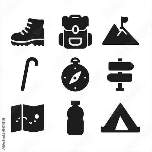 Weekend Hiking Essentials. Solid, filled icon set of weekend hiking: hiking boots, backpack, mountain peak, walking stick, compass