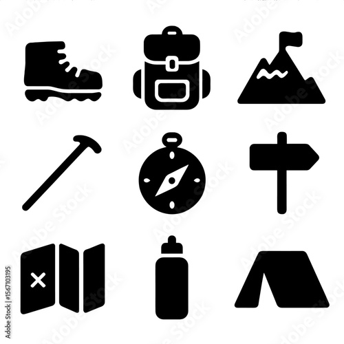 Weekend Hiking Essentials. Solid, filled icon set of weekend hiking: hiking boots, backpack, mountain peak, walking stick, compass