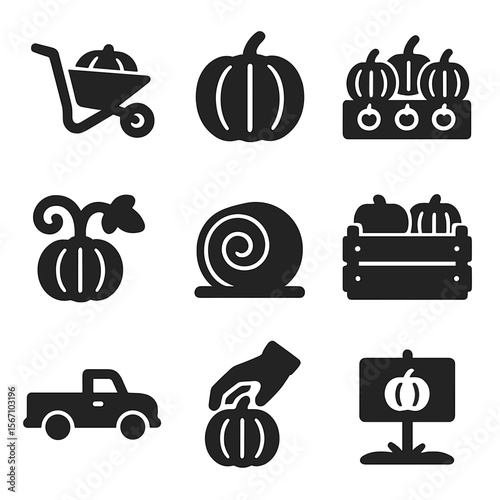 Pumpkin Patch Icons. Solid, filled icons set of pumpkin patch selection for carving: wheelbarrow, ripe pumpkin