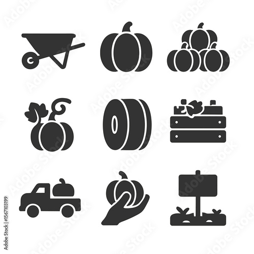 Pumpkin Patch Icons. Solid, filled icons set of pumpkin patch selection for carving: wheelbarrow, ripe pumpkin