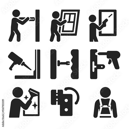 Window Installation Icons. Solid, filled icon set of installation process: measuring wall, removing old window, placing new frame,