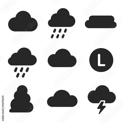 Rain Cloud Icons. Solid, filled icons set of types of rain clouds: cumulus cloud, cumulonimbus, stratus cloud,
