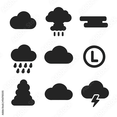 Rain Cloud Icons. Solid, filled icons set of types of rain clouds: cumulus cloud, cumulonimbus, stratus cloud,