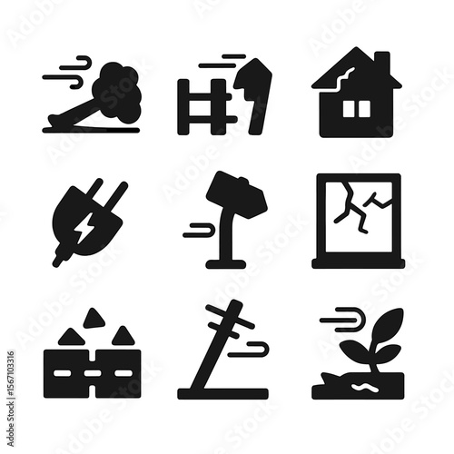 Wind Damage Icons. Solid, filled icon set of wind impact on infrastructure: fallen tree, broken fence, damaged roof, power outage,