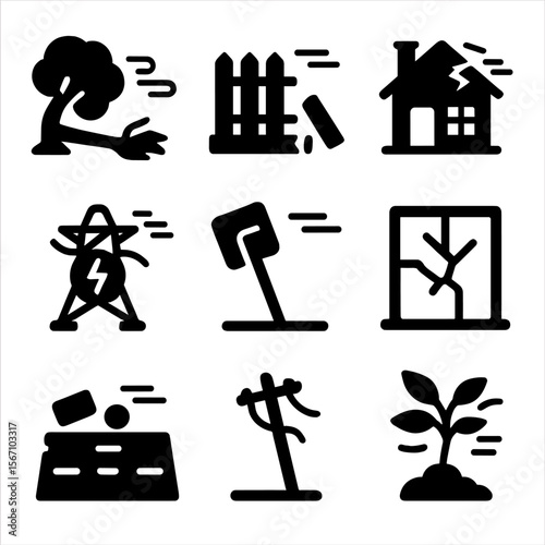 Wind Damage Icons. Solid, filled icon set of wind impact on infrastructure: fallen tree, broken fence, damaged roof, power outage,