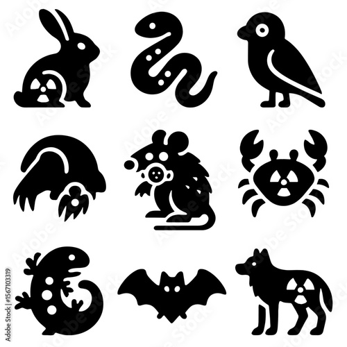 Radiation-Affected Animal Icons. Solid, filled icons set of radiation-exposed animals: bioluminescent rabbit,