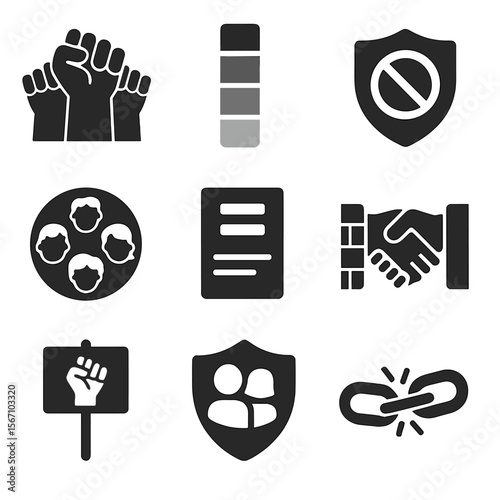 Icons of Racial Unity. Solid, filled icons set of disrupting racial bias: unity fists, skin tone palette, anti