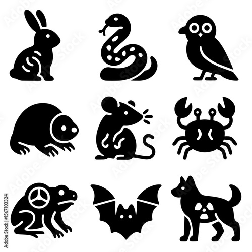Radiation-Affected Animal Icons. Solid, filled icons set of radiation-exposed animals: bioluminescent rabbit,